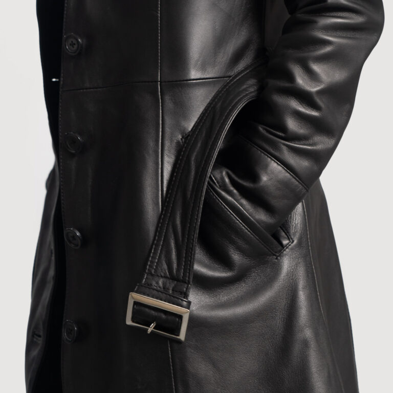 Womens Moonlight Black Leather Trench Coat Close-Up-9-1664358238046